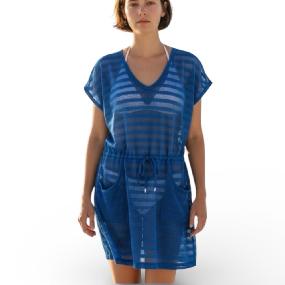 Calvin Klein Swimsuit Coverup Mesh Royal Blue Drawstring Waist Pockets S